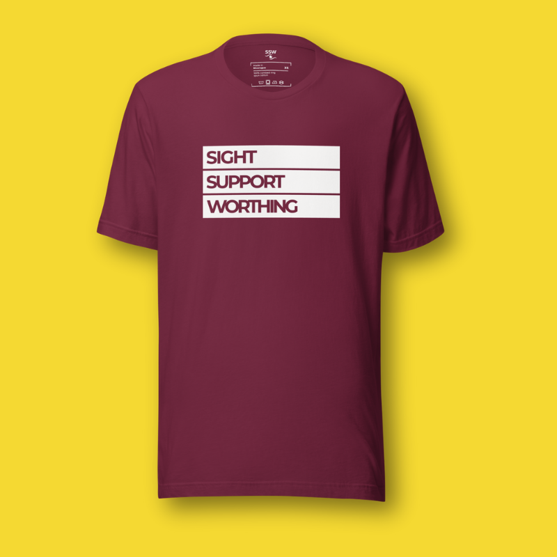 Maroon t-shirt with white text on a yellow background