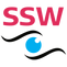 Logo with 'SSW' in pink, an eye symbol with a blue pupil, and black curved lines on a white background.